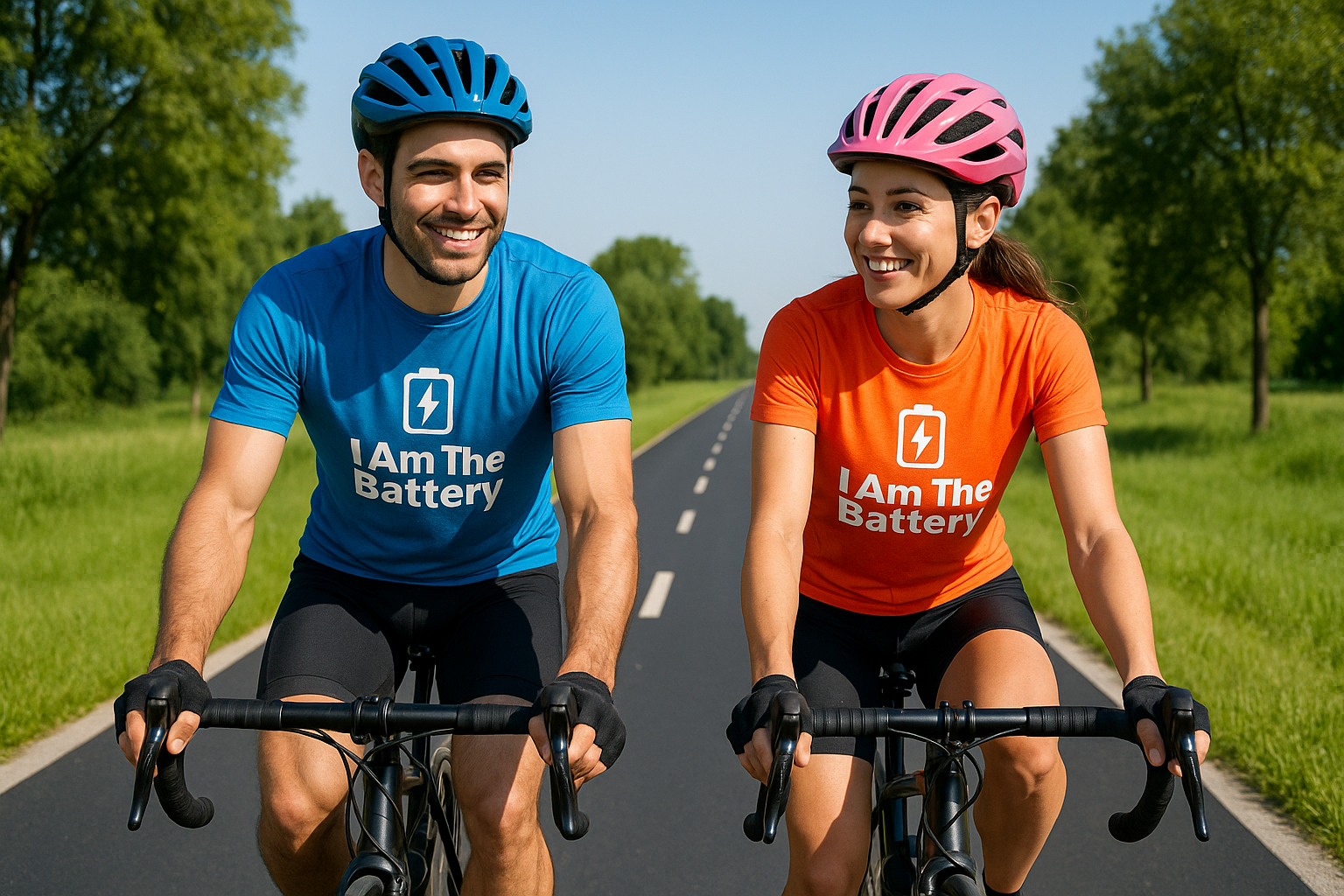 create an image of a man and a pretty woman on road bikes wearing shirts that have our logo, I am the Battery, riding on a black paved bike path.